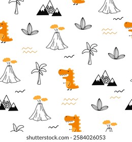 Cute seamless pattern with various dinosaurs, mountains, volcanoes, palm trees, clouds, eggs, footprints. Vector illustration. Creative kids background for fabric