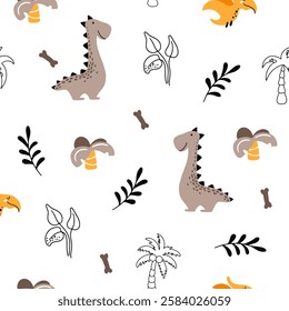 Cute seamless pattern with various dinosaurs, mountains, volcanoes, palm trees, clouds, eggs, footprints. Vector illustration. Creative kids background for fabric
