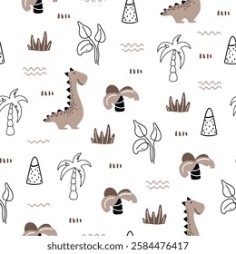 Cute seamless pattern with various dinosaurs, mountains, volcanoes, palm trees, clouds, eggs, footprints. Vector illustration. Creative kids background for fabric