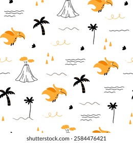 Cute seamless pattern with various dinosaurs, mountains, volcanoes, palm trees, clouds, eggs, footprints. Vector illustration. Creative kids background for fabric
