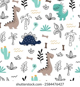 Cute seamless pattern with various dinosaurs, mountains, volcanoes, palm trees, clouds, eggs, footprints. Vector illustration. Creative kids background for fabric