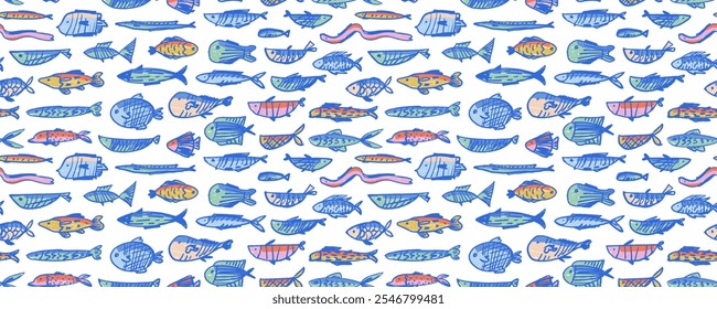 Padrão sem emenda bonito com vários peixes. Crayon desenhou colorida escola de peixes. Fundo de crianças marinhas para papel de embrulho ou papel de parede. Abstrato rabiscar animais marinhos com padrões decorativos.