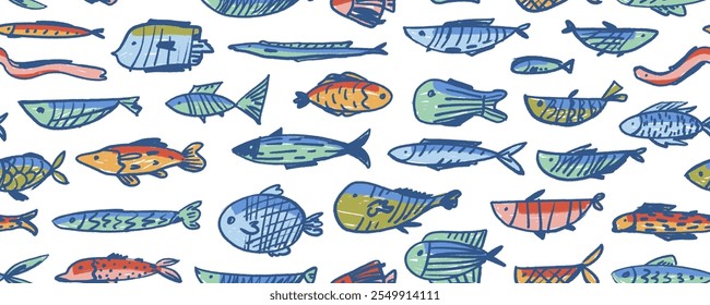 Cute seamless pattern with various fishes. Crayon drawn colorful school of fish. Marine kids background for wrapping paper or wallpaper. Abstract doodle sea animals with decorative patterns.