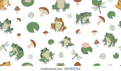 Padrão bonito e sem emenda com vários sapos, cogumelos e lírios, criando um fundo caprichoso e charmoso da lagoa da floresta para projetos infantis.
