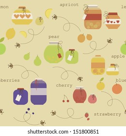 Cute seamless pattern with various fruit jam pot. Eps 10