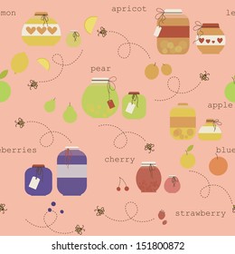 Cute seamless pattern with various fruit jam pot. Eps 10