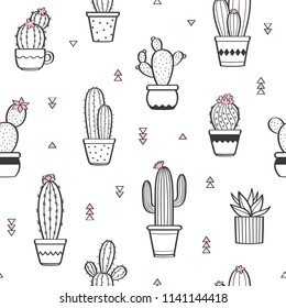 Cute seamless pattern with various hand-drawn outline cactuses in flowerpots. Vector background