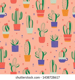 Cute seamless pattern with various hand-drawn cactuses in flowerpots. Vector colorful background