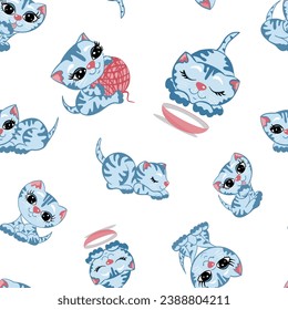 A cute seamless pattern of various tabby kittens, an endless pattern of playful striped kittens in different poses, a white background with sweet kittens