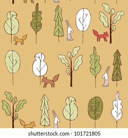 Cute seamless pattern with various trees