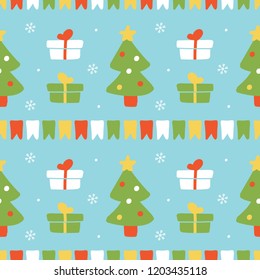 Cute seamless pattern vector background with christmas trees, colorful flags, snowflakes and gifts for winter holidays design.