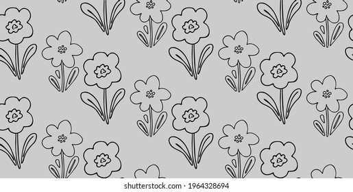 Cute seamless pattern vector background with hand drawn floral elements - flowers and leaves in simple style in black ink outline on pastel grey background. Backdrop, design for textile, wrapping