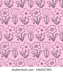 Cute seamless pattern vector background with hand drawn floral elements - flowers and leaves in simple style in black ink outline on pink background. sweet backdrop, design for textile, wrapping