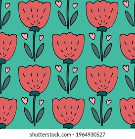 Cute seamless pattern vector background with hand drawn red tulip flower doodle with hearts in simple style on green. Sweet backdrop, design for 8 march, mothers day, children textile, wrapping paper