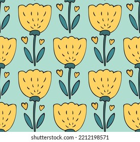 Cute seamless pattern vector background with hand drawn yellow tulip flower doodle with hearts in simple style on blue. Sweet floral backdrop, naive children textile, wrapping paper.