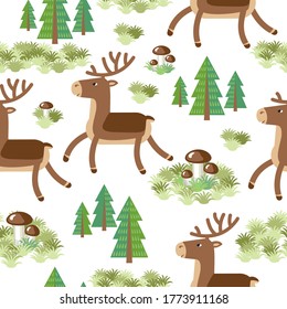 Cute seamless pattern vector cartoon with reindeer in a coniferous forest with mushrooms on white background