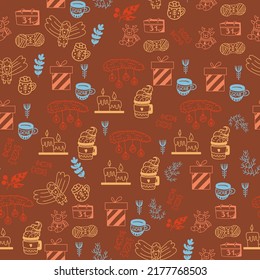 Cute seamless pattern with vector christmas illustrations. Cute vector hand drawn elements: gifts, spruce and mistletoe branches,socks,candles, confetti. Nice illustration for wrapping paper.