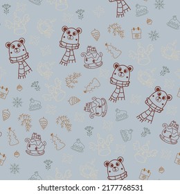Cute seamless pattern with vector christmas illustrations. Cute vector hand drawn elements: gifts, spruce and mistletoe branches,bears,socks and hats, confetti. Nice illustration for wrapping paper.