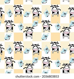 Cute seamless pattern vector decorated with little cows and milk box products, design for world milk day, kids, decorating, wallpaper, wrapping paper, fabric, backdrop and etc.