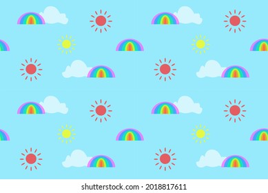 Cute seamless pattern, vector design. Blue sky with sun, cloud, and rainbow. For use as paper, cloth, textile printing industrial. It's a boy baby. 
