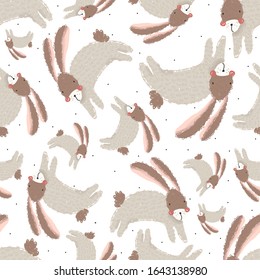 Cute seamless pattern vector illustration with rabbits. Neutral gender scandinavian background with bunnies. Perfect for kids apparel, fabric, textile, nursery decoration,wrapping paper.