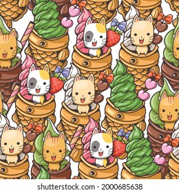 Cute Seamless pattern vector illustration, Cat and taiyaki ice cream cartoon, Fish bread dessert, Japanese fish-shaped cake, Kawaii character cartoon.