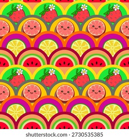 Ein süßes nahtloses Muster, Vektorgrafik-Set mit Äpfeln, Birnen und bunten Blumen in einem Vintage-Fruchtstoff-Design. Perfekt für Tapeten und Dekoration, mit einer hellen Sommerstimmung.