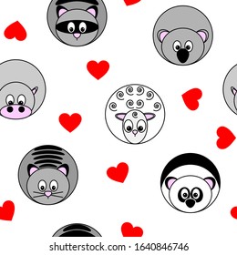 cute seamless pattern with vector illustrations of round animals and red hearts, separated from background