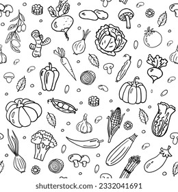 Cute seamless pattern with vegetables in doodle style. Mushrooms, carrots, pumpkin, pepper, cucumber, tomato and other healthy food. Vector illustration EPS10. Isolated on white