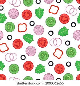 cute seamless pattern vegetables food isolated on white background, vector flat illustration with lettuce, onion, paprika, cucumber, olives and tomato
