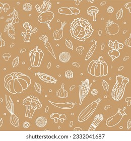 Cute seamless pattern with vegetables. Mushrooms, carrots, pumpkin, pepper, cucumber, tomato and other healthy food. Doodle vector illustration EPS10. Isolated on beige background