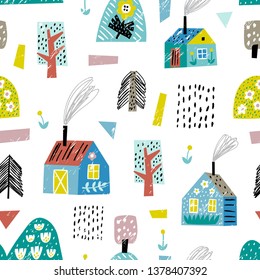 Cute seamless pattern with village and forest. Europe nature landscape concept. Perfect for kids fabric, textile, nursery wallpaper. Seamless landscape. Yellow background.