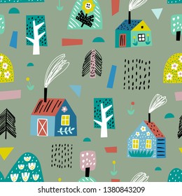 Cute seamless pattern with village and forest. Europe nature landscape concept. Perfect for kids fabric, textile, nursery wallpaper. Seamless landscape.