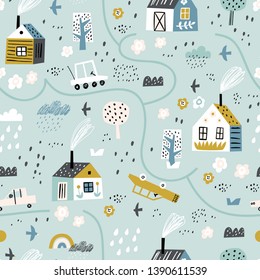 Cute seamless pattern with village and forest. Europe nature landscape concept. Perfect for kids fabric, textile, nursery wallpaper. Seamless landscape.