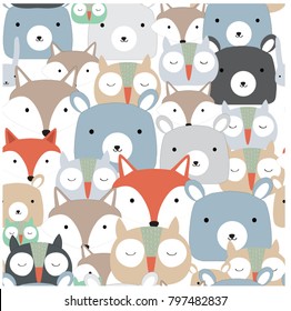Cute seamless pattern Vintage animal face baby teddy bear,fox wolf,owl bird, rabbit bunny for textile print or cards background,freehand drawing illustration vector doodle comic art