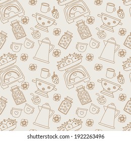 Cute seamless pattern vintage kitchen utensils, scales, coffee pot, colander, cups, strawberries, apples. Doodle elements in sepia tones.