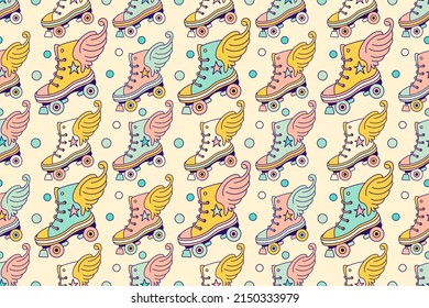 Cute seamless pattern with vintage roller skate. Teen girly street graphic, pop art. Vintage wallpaper, digital paper, fun 90's style background