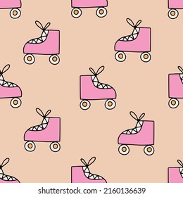 Cute seamless pattern with vintage roller skate. Teen girly street graphic, pop art. Vintage wallpaper, digital paper, fun 1970 style background