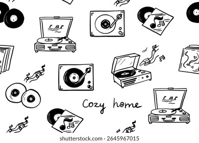 Cute seamless pattern of vinyl records and record player. Cozy home, music, notes. Vector illustration for design, greeting card, interior design. Hand drawn. Isolated on white
