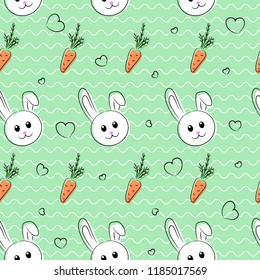 Cute seamless pattern or wallpaper with bunny and carrots on green background with white curwed stripes.
