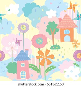 Cuidada tapicería de estilo impecable de casa, flor y árbol decorados con un molino sobre fondo natural en colores pastel.