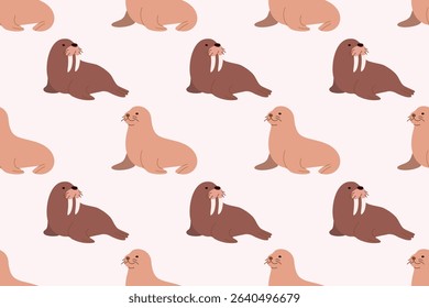 Cute seamless pattern with walruses resting on a white background. Ideal for arctic animal designs, kids projects and prints