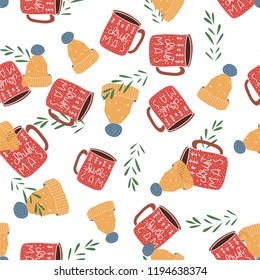 Cute seamless pattern with warm cup of cocoa and colorful hat.