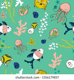 Cute seamless pattern with water creatures made in vector. Underwater life texture. Fish, turtle, starfish,  medusa, globefish