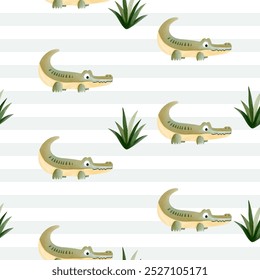 Cute seamless pattern with watercolor crocodile. Childish wildlife background. Watercolor baby alligator wallpaper.