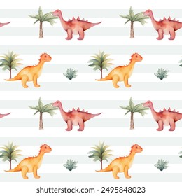 Cute seamless pattern with watercolor dinosaurs and trees. Watercolor nursery backgrounds