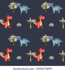 Cute seamless pattern with watercolor dinosaurs and trees. Watercolor nursery dark backgrounds