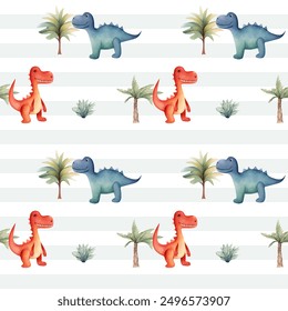 Cute seamless pattern with watercolor dinosaurs and trees. Watercolor nursery backgrounds