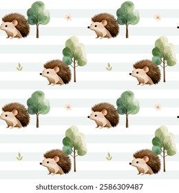 Cute seamless pattern with watercolor hedgehog and trees. Forest wildlife backgrounds. Watercolor woodland