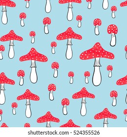 Cute seamless pattern with watercolor mushrooms. Fly agaric vector background 
